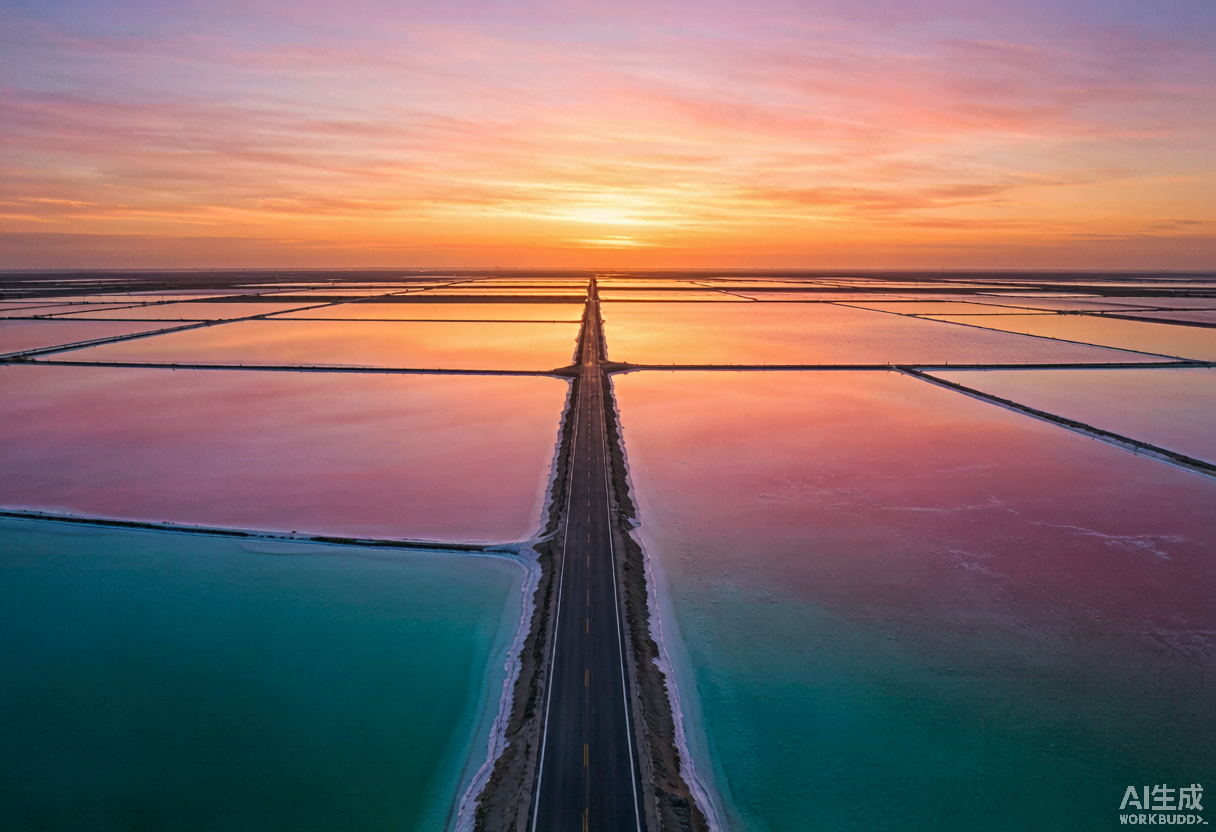 运城七彩盐湖日落，湖面呈现粉橙蓝渐变色彩